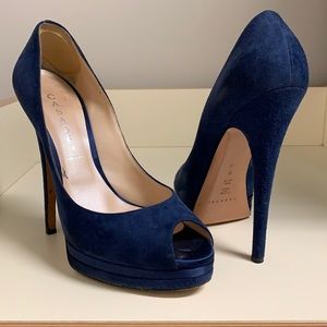 Casadei 9 peep toe pump blue suede 6” stiletto